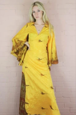 Venus Maxi Wrap Dress - Vintage Sari - Sun Gold With Autumn Flower - S/M