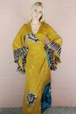 Venus Maxi Wrap Dress - Vintage Sari - Chartreuse With Ammonite Motif - XS