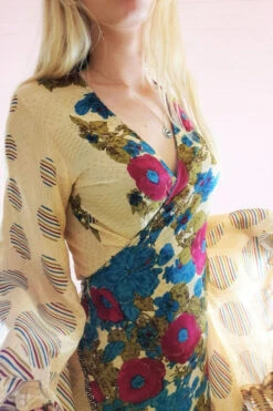 Venus Maxi Wrap Dress - Vintage Sari - Pastel Gold, Azure & Raspberry Rose Print S/M 6 Venus Maxi Wrap Dress - Vintage Sari - Pastel Gold, Azure & Raspberry Rose Print S/M -KIKIS Clothing Shop 20211206 171701