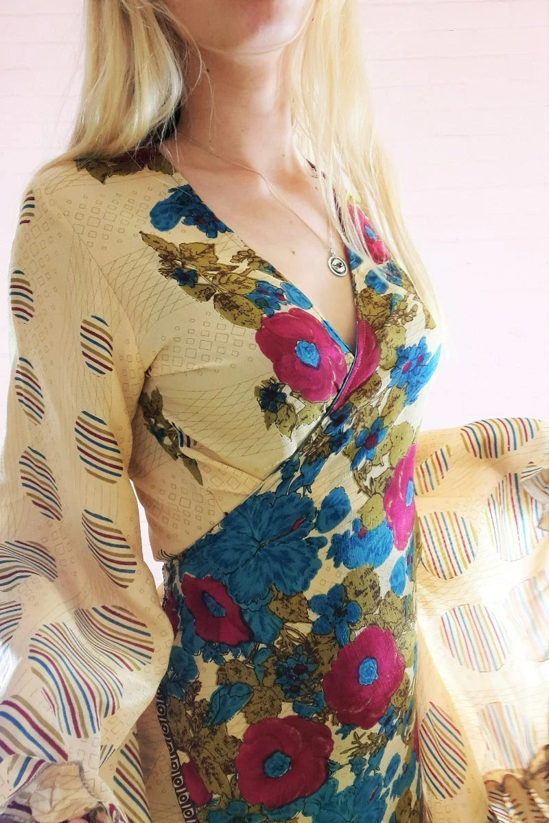 Venus Maxi Wrap Dress - Vintage Sari - Pastel Gold, Azure & Raspberry Rose Print S/M 3 Venus Maxi Wrap Dress - Vintage Sari - Pastel Gold, Azure & Raspberry Rose Print S/M - Image 3