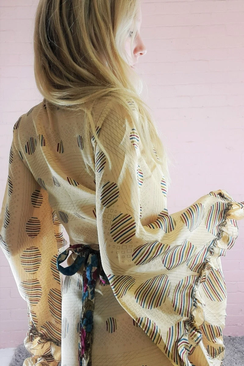 Venus Maxi Wrap Dress - Vintage Sari - Pastel Gold, Azure & Raspberry Rose Print S/M 4 Venus Maxi Wrap Dress - Vintage Sari - Pastel Gold, Azure & Raspberry Rose Print S/M - Image 4