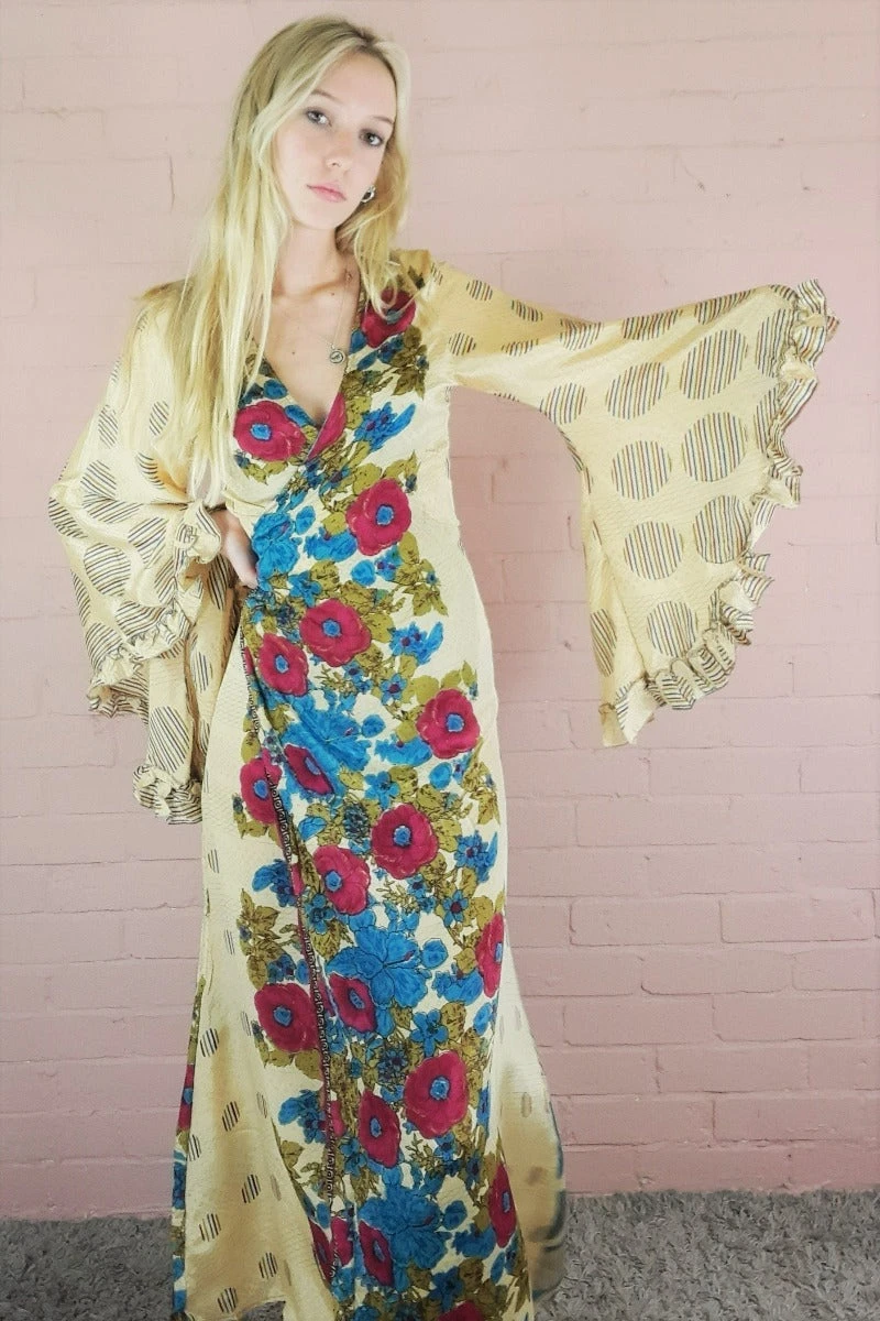 Venus Maxi Wrap Dress - Vintage Sari - Pastel Gold, Azure & Raspberry Rose Print S/M 1 Venus Maxi Wrap Dress - Vintage Sari - Pastel Gold, Azure & Raspberry Rose Print S/M