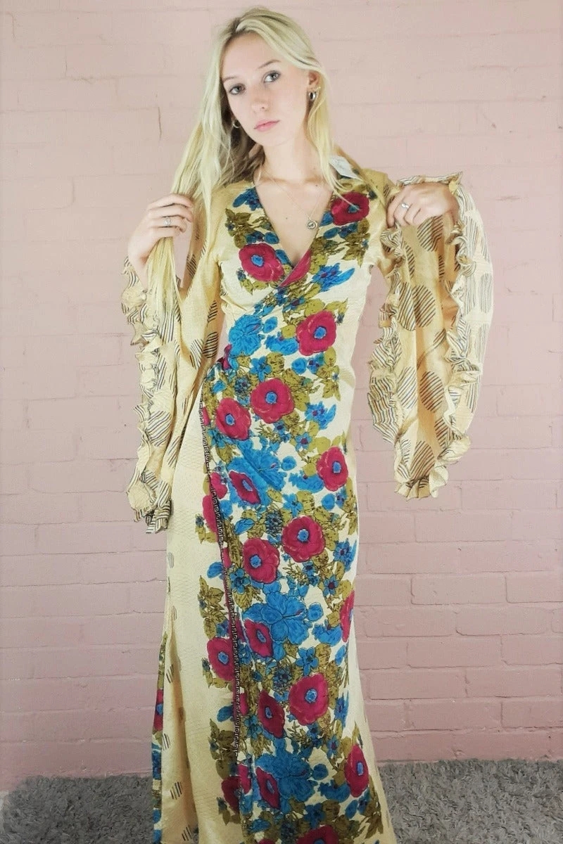Venus Maxi Wrap Dress - Vintage Sari - Pastel Gold, Azure & Raspberry Rose Print S/M 2 Venus Maxi Wrap Dress - Vintage Sari - Pastel Gold, Azure & Raspberry Rose Print S/M - Image 2