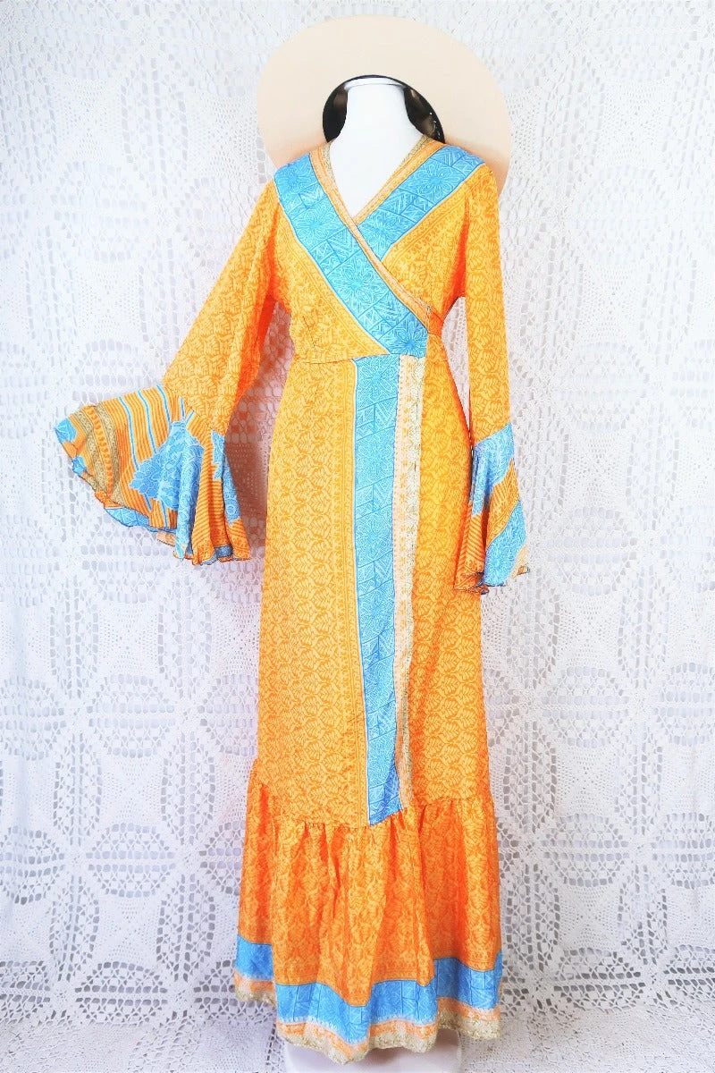 Sylvia Wrap Dress - Vintage Indian Sari - Apricot & Powdered Blue Tile Print (S/M) 1 Sylvia Wrap Dress - Vintage Indian Sari - Apricot & Powdered Blue Tile Print (S/M)