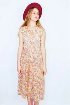 70's Vintage Sheer Floral Dress - Pink, White, Blue & Green - Size S