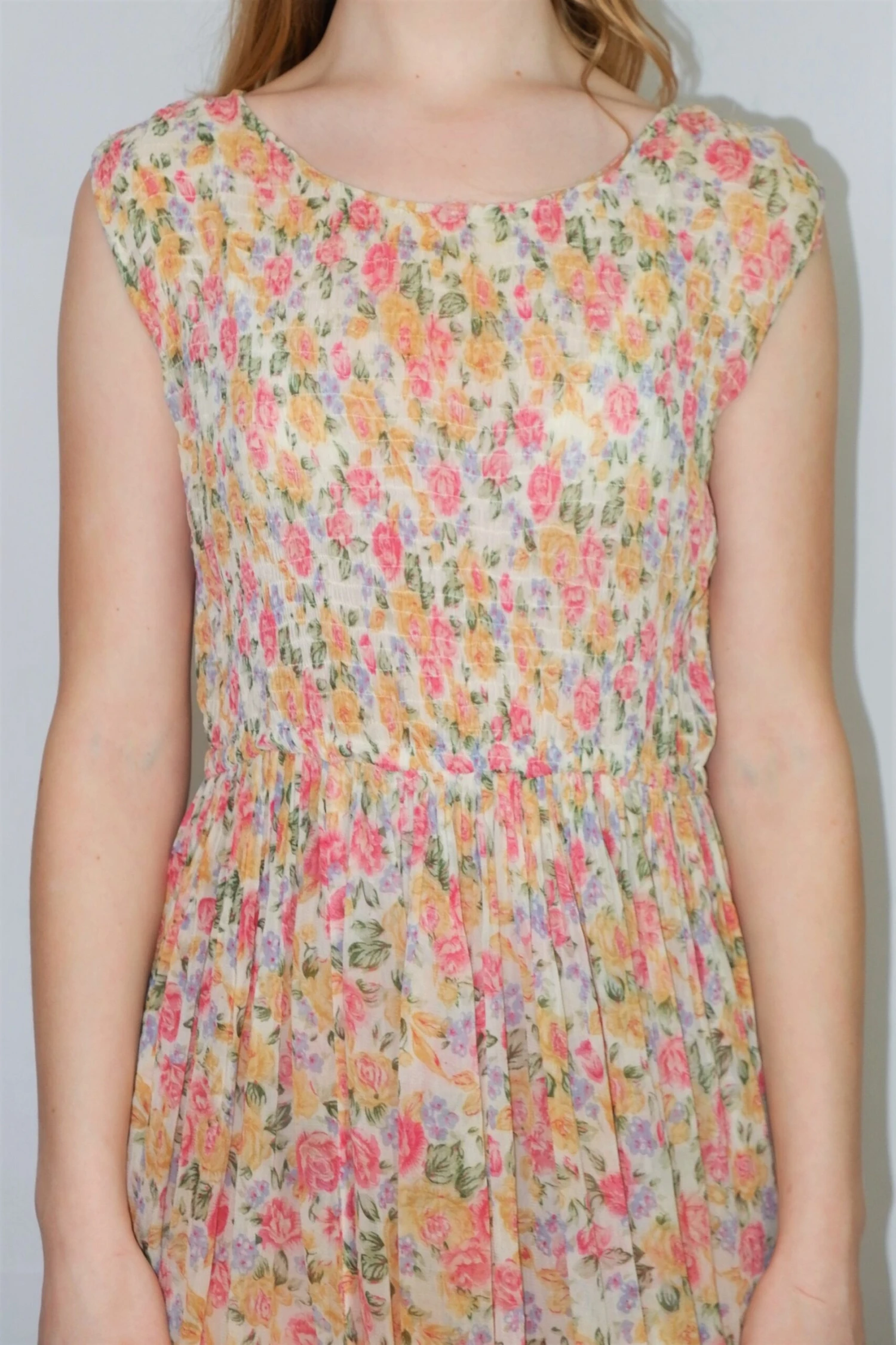 70's Vintage Sheer Floral Dress - Pink, White, Blue & Green - Size S 3 70's Vintage Sheer Floral Dress - Pink, White, Blue & Green - Size S - Image 3