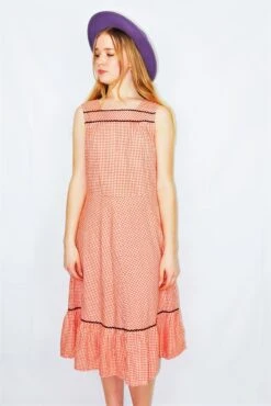 70's Vintage Dress - Red Ruffle Gingham Midi - Size S/M