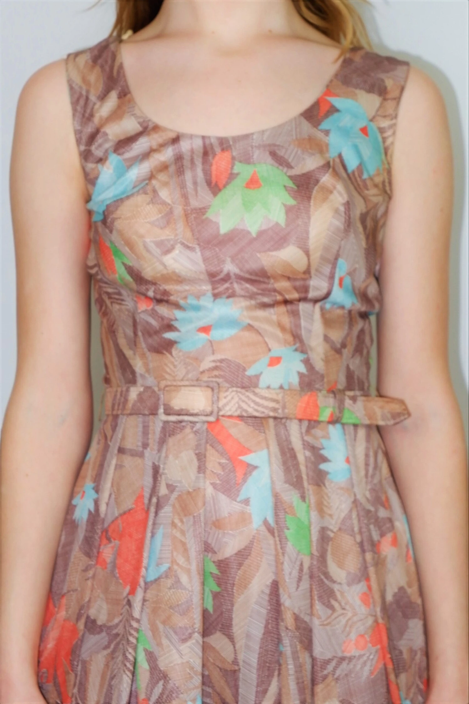 70's Vintage Dress - Earth & Aqua Belted Leaf Print Midi - Size XS 3 70's Vintage Dress - Earth & Aqua Belted Leaf Print Midi - Size XS - Image 3