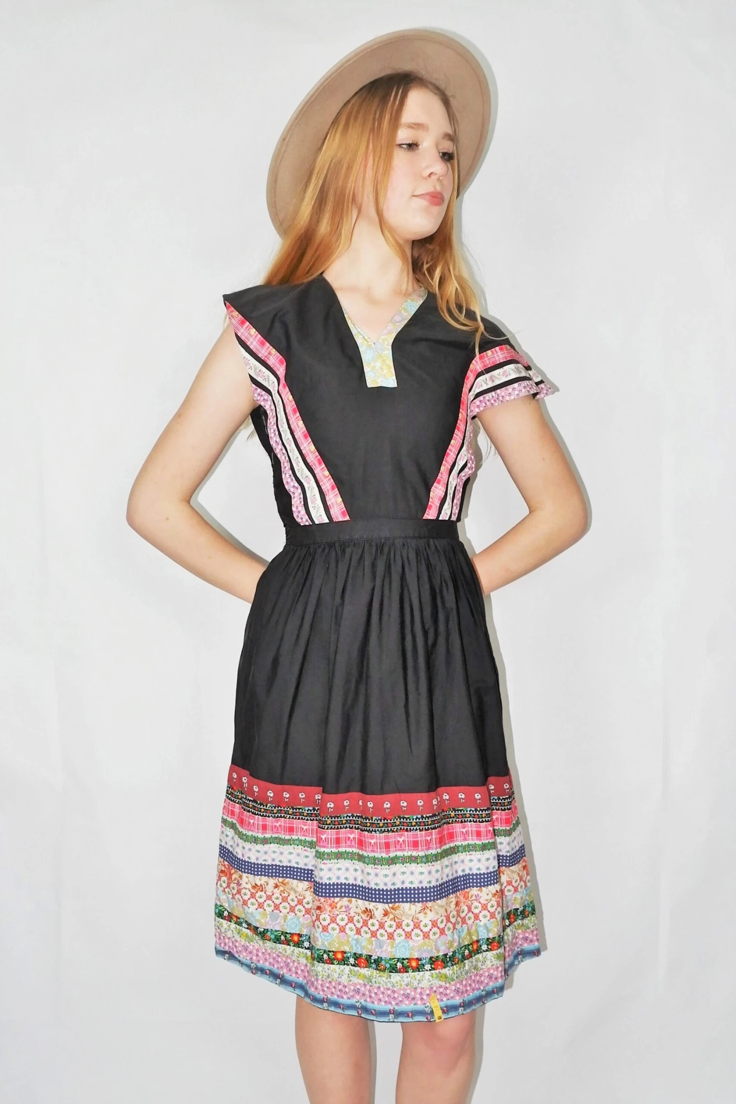 70's Vintage Dress - Black Patchwork Pointed Sleeve Midi - Size XS 3 70's Vintage Dress - Black Patchwork Pointed Sleeve Midi - Size XS - Image 3