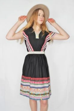 70's Vintage Dress - Black Patchwork Pointed Sleeve Midi - Size XS
