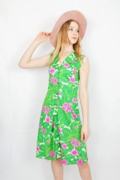 70's Vintage - Tropical Shirt Dress - Green & Pink Floral - Size XXS