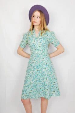 70's Vintage - Puff-Sleeve Tea Dress - Blue & White - Size XS