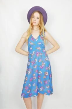 70's Vintage - Halter-Neck Skater Dress - Blue Floral - Size XXS