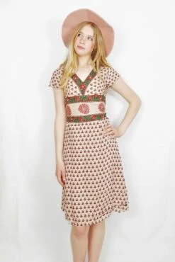 Cute Vintage Embellished Dress - Pale Pink, Green & Red Floral - XS/S