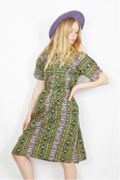 Vintage Graphic Smock Dress - Green, Black & Yellow - Free Size