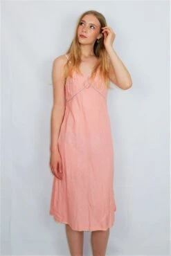 Vintage Strappy Dress - Peachy Pink With Lacy Details - S