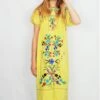 70s Vintage Dress - Lemon Yellow With Bright Floral Embroidery - Free Size L