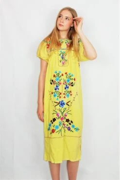 70s Vintage Dress - Lemon Yellow With Bright Floral Embroidery - Free Size L
