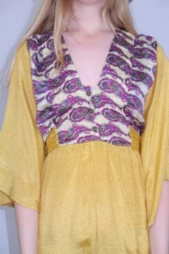 Lunar Mini Dress - Vintage Indian Sari - Laguna Yellow & Magenta Paisley - Free Size M/L -KIKIS Clothing Shop DSCF4466