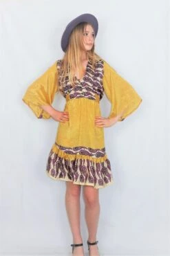 Lunar Mini Dress - Vintage Indian Sari - Laguna Yellow & Magenta Paisley - Free Size M/L
