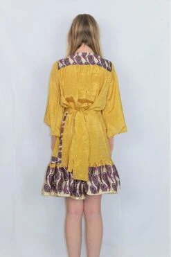 Lunar Mini Dress - Vintage Indian Sari - Laguna Yellow & Magenta Paisley - Free Size M/L -KIKIS Clothing Shop DSCF4470
