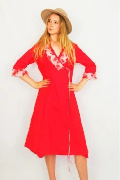 70s Vintage Dress - Bright Red With Sheer White Frills - XXS