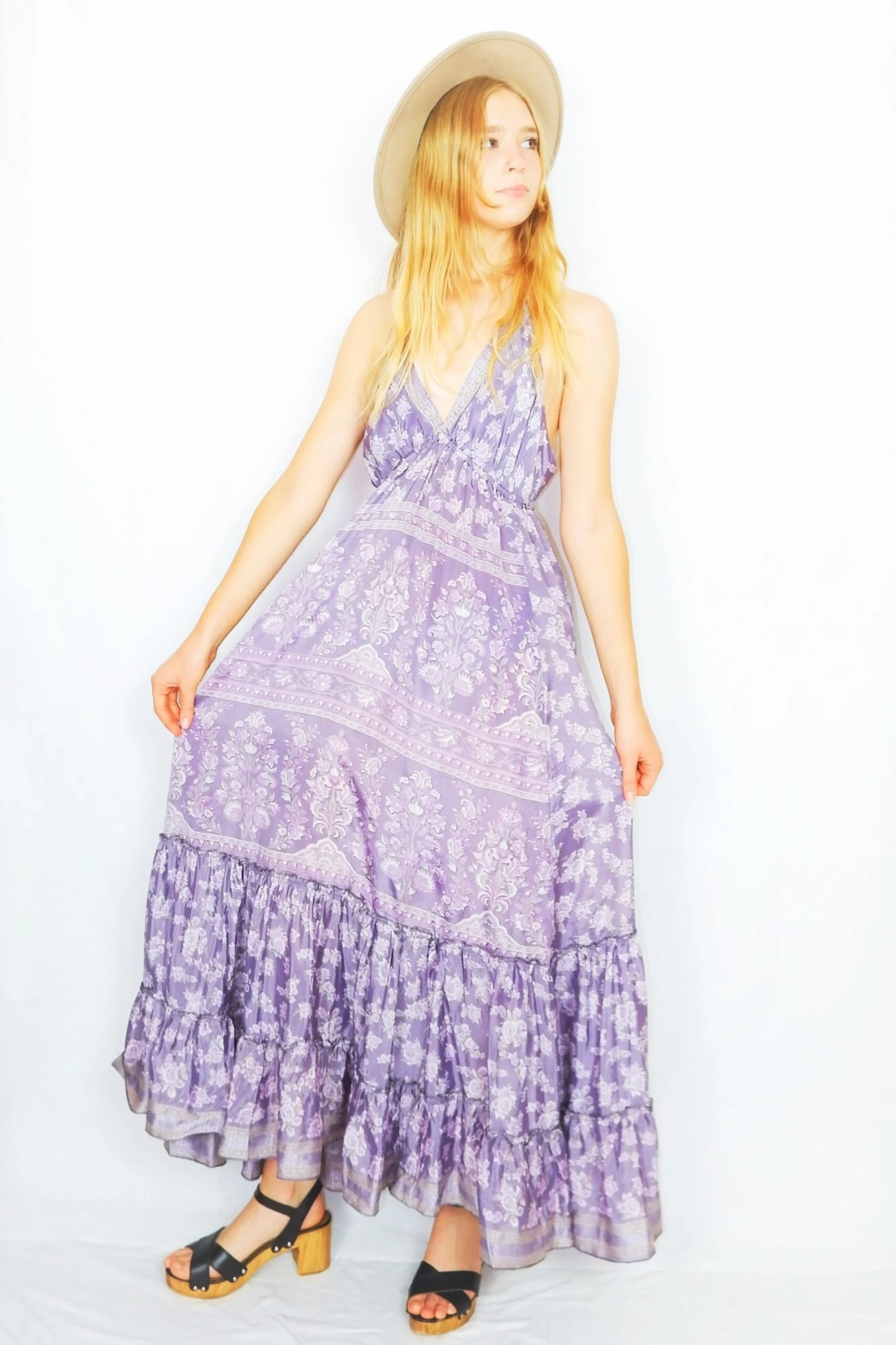 Cherry Maxi Dress - Vintage Indian Sari - Mauve & Sage Delicate Floral - Free Size 1 Cherry Maxi Dress - Vintage Indian Sari - Mauve & Sage Delicate Floral - Free Size