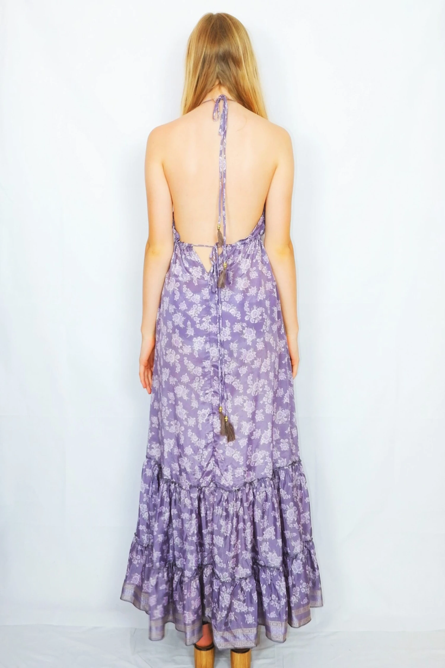 Cherry Maxi Dress - Vintage Indian Sari - Mauve & Sage Delicate Floral - Free Size 4 Cherry Maxi Dress - Vintage Indian Sari - Mauve & Sage Delicate Floral - Free Size - Image 4