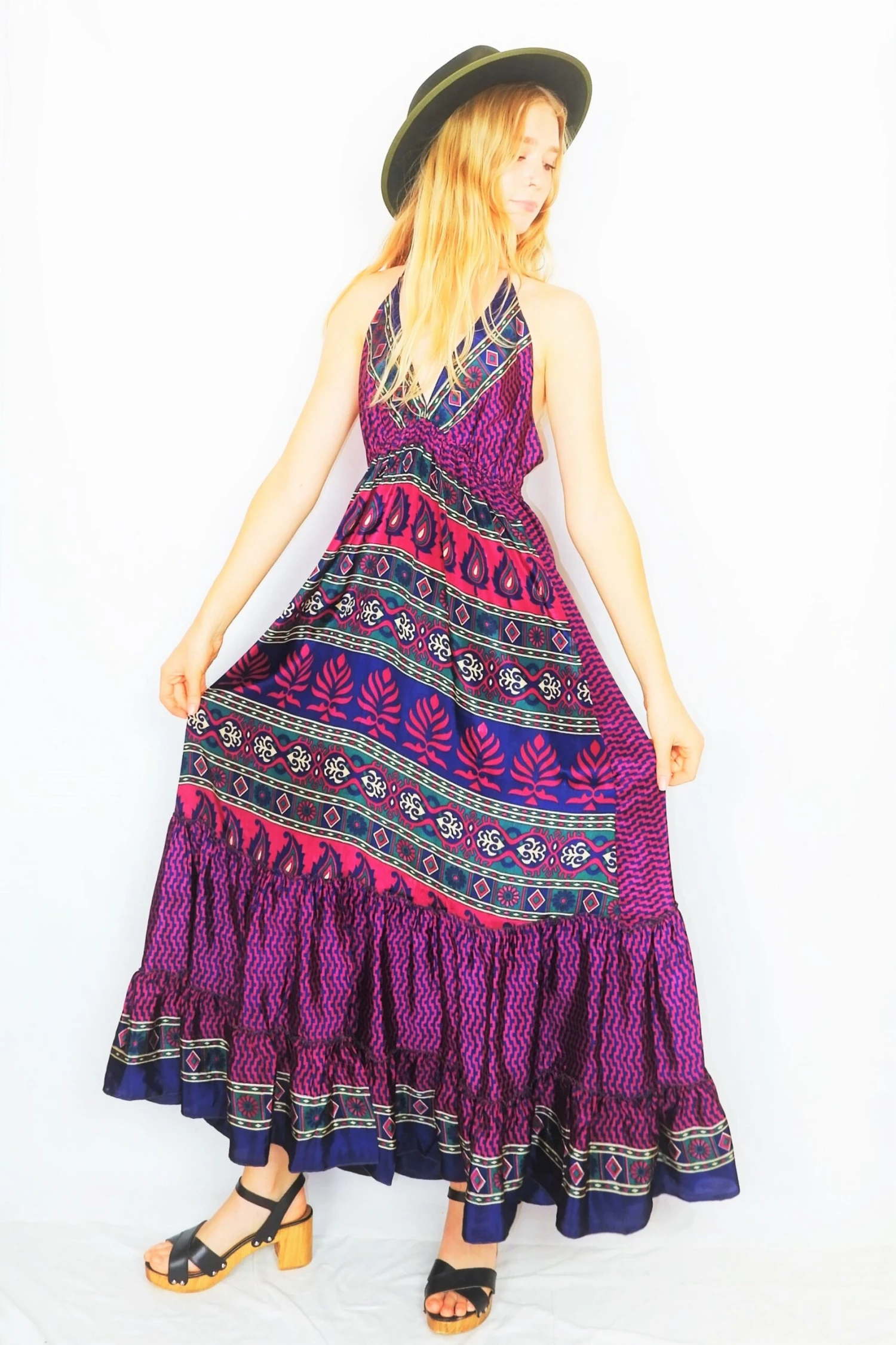 Cherry Maxi Dress - Vintage Indian Sari - Magenta, Navy & Emerald Floral Motif - Free Size 2 Cherry Maxi Dress - Vintage Indian Sari - Magenta, Navy & Emerald Floral Motif - Free Size - Image 2