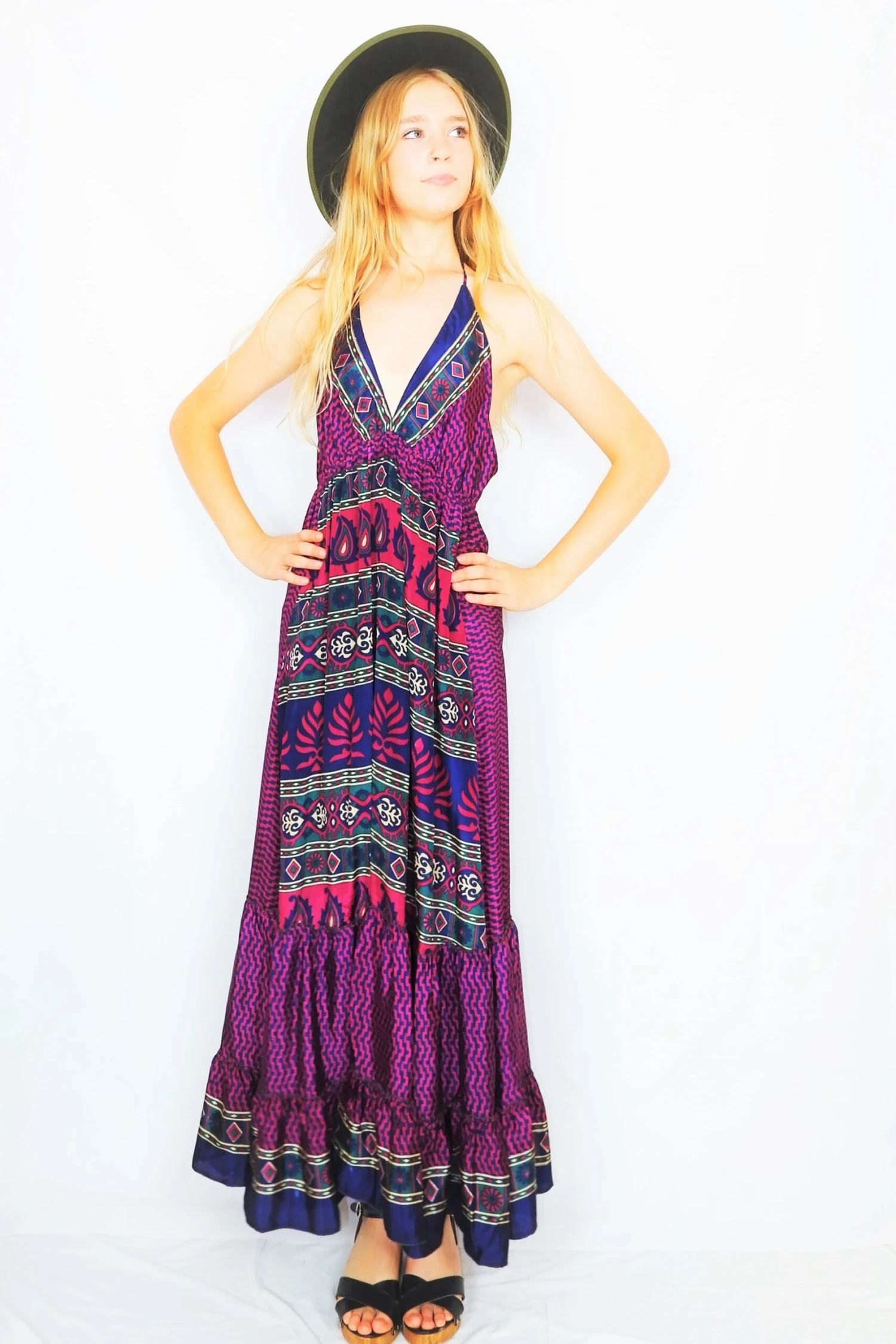 Cherry Maxi Dress - Vintage Indian Sari - Magenta, Navy & Emerald Floral Motif - Free Size 1 Cherry Maxi Dress - Vintage Indian Sari - Magenta, Navy & Emerald Floral Motif - Free Size