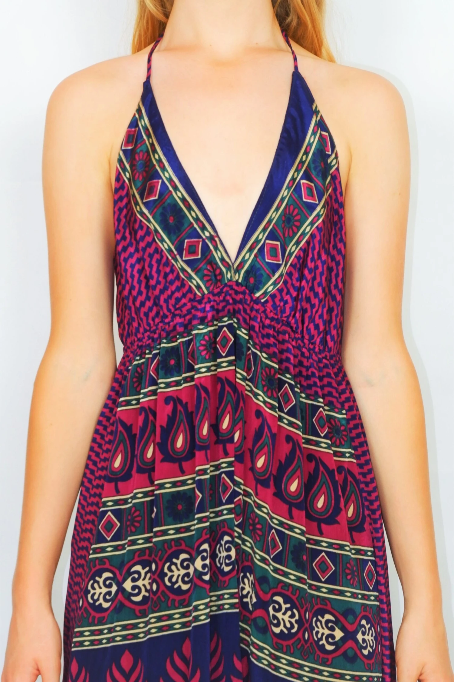 Cherry Maxi Dress - Vintage Indian Sari - Magenta, Navy & Emerald Floral Motif - Free Size 3 Cherry Maxi Dress - Vintage Indian Sari - Magenta, Navy & Emerald Floral Motif - Free Size - Image 3