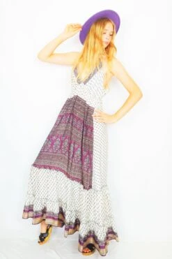 Cherry Maxi Dress - Vintage Indian Sari - Sheer Plum & Pearly White Floral Paisley - Free Size