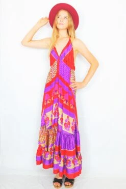 Cherry Maxi Dress - Vintage Indian Sari - Bright Red, Violet & Sand Floral - Free Size