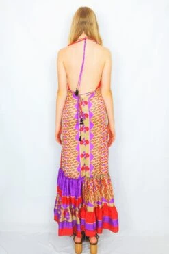 Cherry Maxi Dress - Vintage Indian Sari - Bright Red, Violet & Sand Floral - Free Size -KIKIS Clothing Shop DSCF5631 2