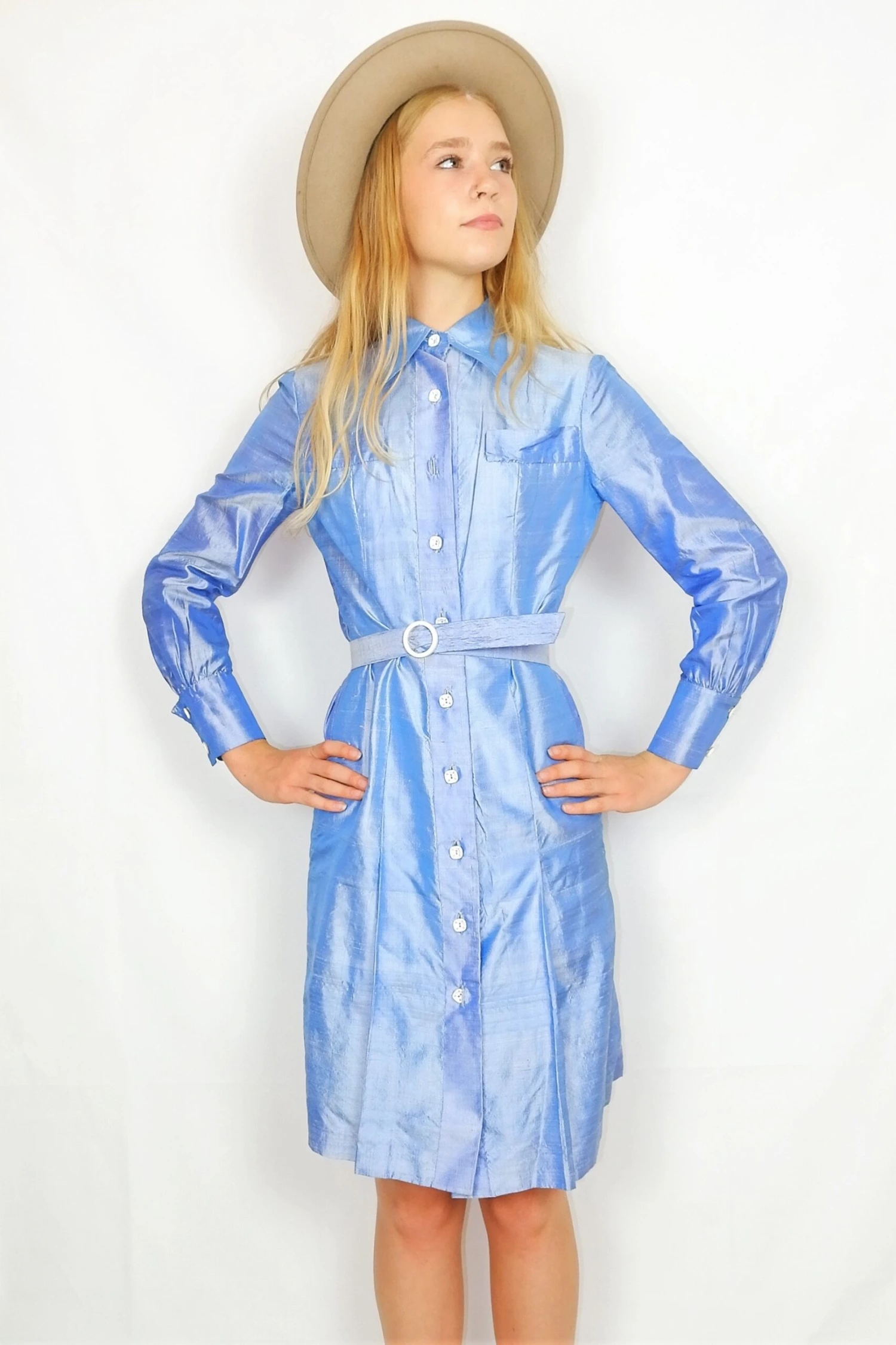 70's Vintage - Shirt Dress - Sky Blue Shine - Size S 1 70's Vintage - Shirt Dress - Sky Blue Shine - Size S