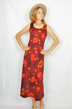 70's Vintage - Floral Midi Dress - Burgundy, Cherry & Turmeric Flowers - Size S/M