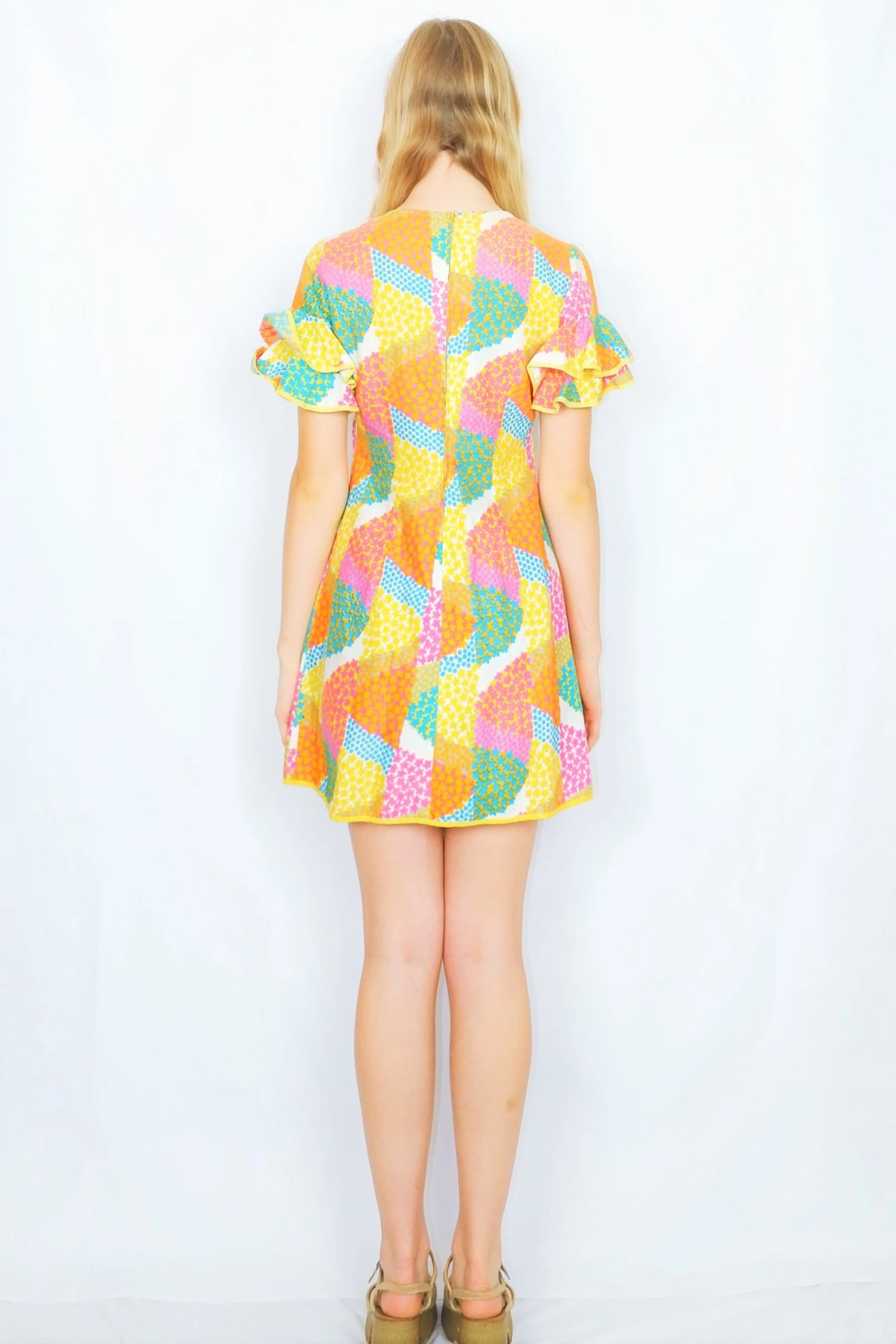 70's Vintage - Floral Frill-Sleeved Mini Dress - Yellow, Bubblegum & Sky Blue - Size XXS 4 70's Vintage - Floral Frill-Sleeved Mini Dress - Yellow, Bubblegum & Sky Blue - Size XXS - Image 4