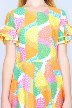 70's Vintage - Floral Frill-Sleeved Mini Dress - Yellow, Bubblegum & Sky Blue - Size XXS 6 70's Vintage - Floral Frill-Sleeved Mini Dress - Yellow, Bubblegum & Sky Blue - Size XXS -KIKIS Clothing Shop DSCF6123 2