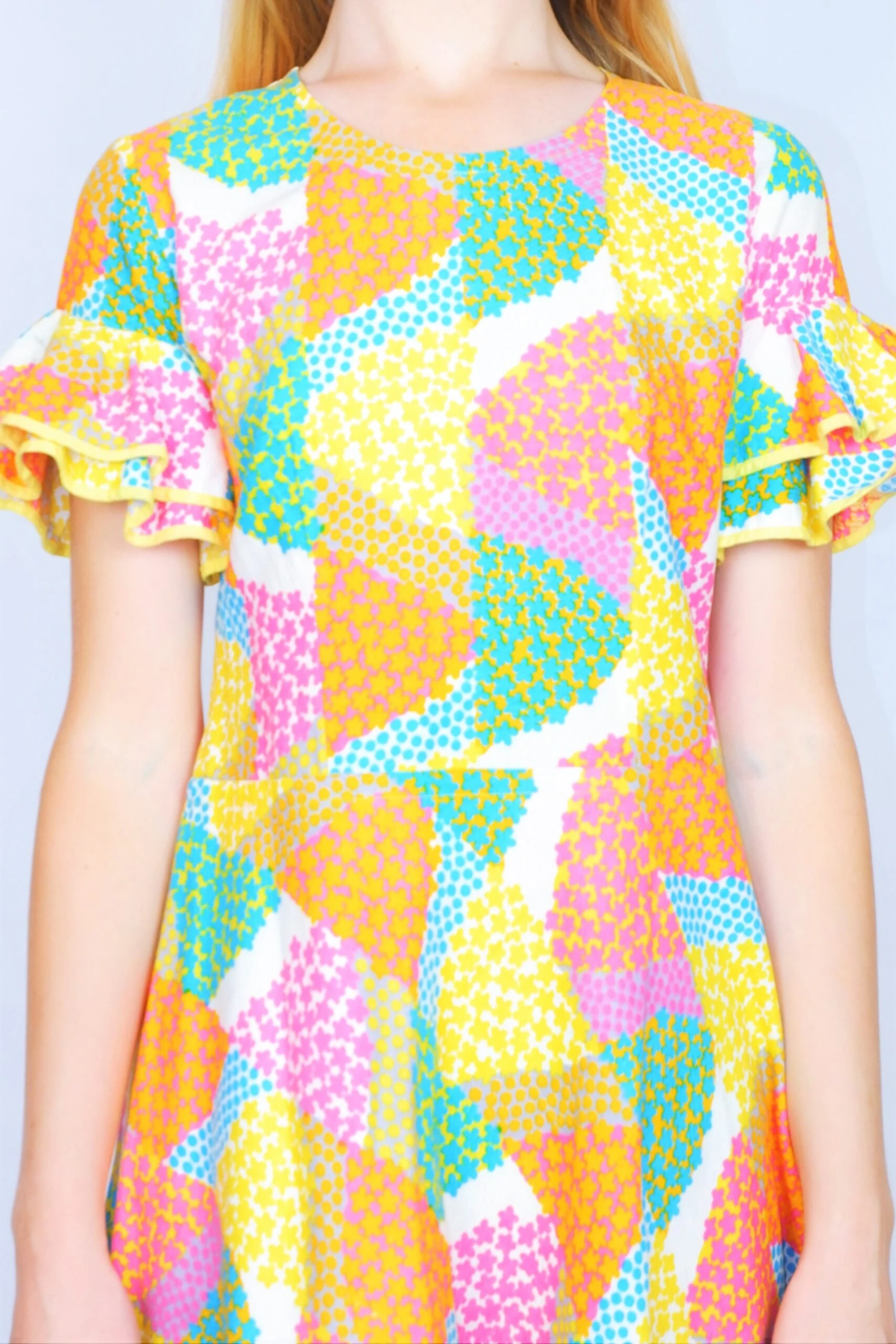 70's Vintage - Floral Frill-Sleeved Mini Dress - Yellow, Bubblegum & Sky Blue - Size XXS 3 70's Vintage - Floral Frill-Sleeved Mini Dress - Yellow, Bubblegum & Sky Blue - Size XXS - Image 3