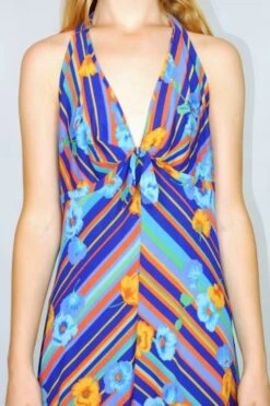 70's Vintage - Halter-Neck Midi Dress - Blue, Green, Orange & Yellow Floral Stripe - Size XXS 6 70's Vintage - Halter-Neck Midi Dress - Blue, Green, Orange & Yellow Floral Stripe - Size XXS -KIKIS Clothing Shop DSCF6186 2