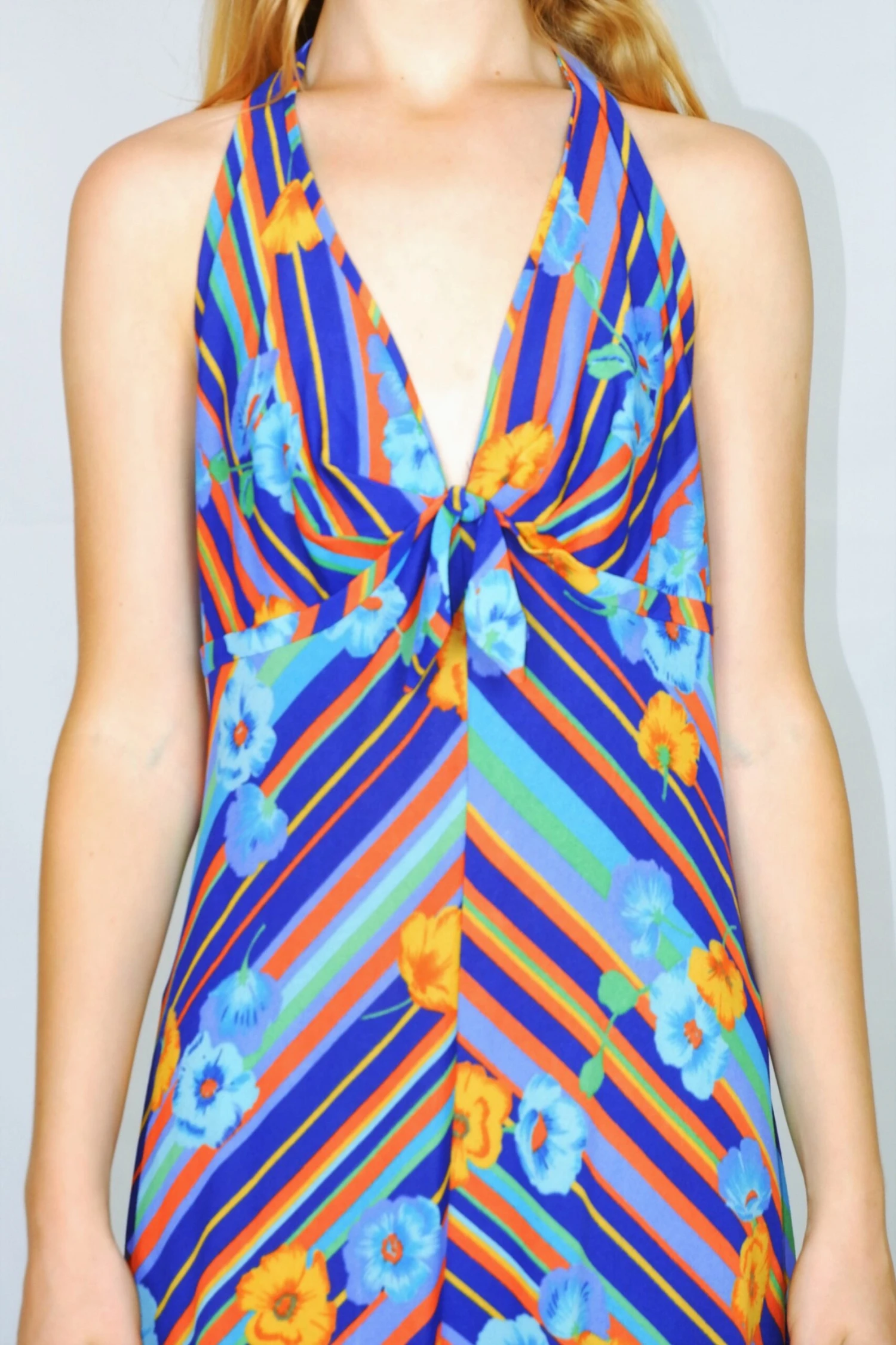 70's Vintage - Halter-Neck Midi Dress - Blue, Green, Orange & Yellow Floral Stripe - Size XXS 3 70's Vintage - Halter-Neck Midi Dress - Blue, Green, Orange & Yellow Floral Stripe - Size XXS - Image 3