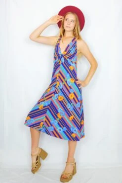 70's Vintage - Halter-Neck Midi Dress - Blue, Green, Orange & Yellow Floral Stripe - Size XXS