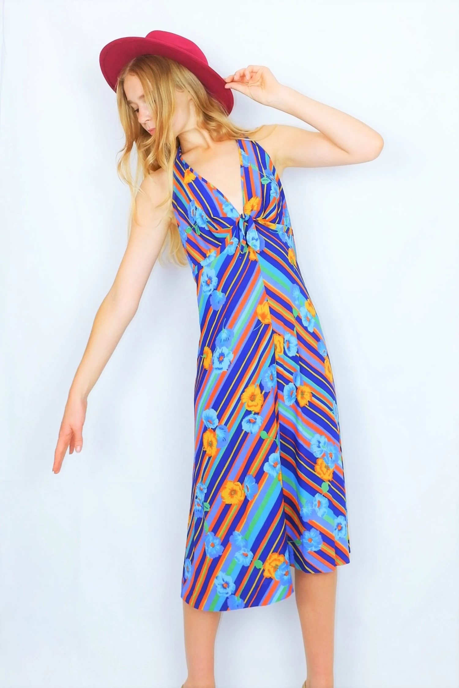 70's Vintage - Halter-Neck Midi Dress - Blue, Green, Orange & Yellow Floral Stripe - Size XXS 2 70's Vintage - Halter-Neck Midi Dress - Blue, Green, Orange & Yellow Floral Stripe - Size XXS - Image 2