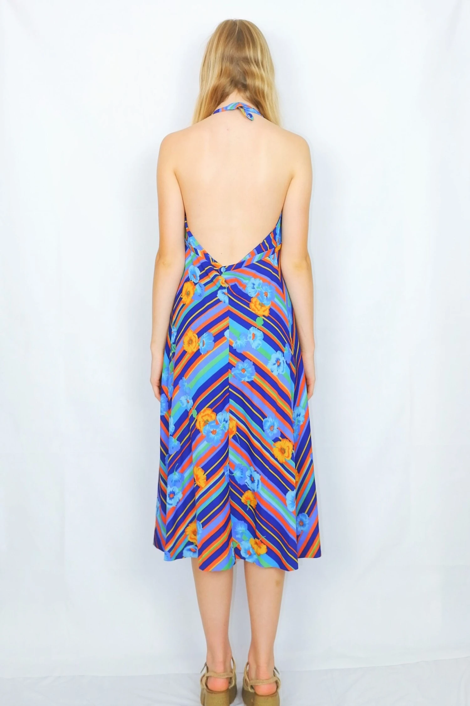 70's Vintage - Halter-Neck Midi Dress - Blue, Green, Orange & Yellow Floral Stripe - Size XXS 4 70's Vintage - Halter-Neck Midi Dress - Blue, Green, Orange & Yellow Floral Stripe - Size XXS - Image 4