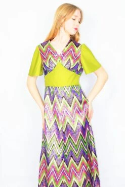 70's Vintage Party Dress - Chartreuse, Pink & Purple Sparkle - Size XS