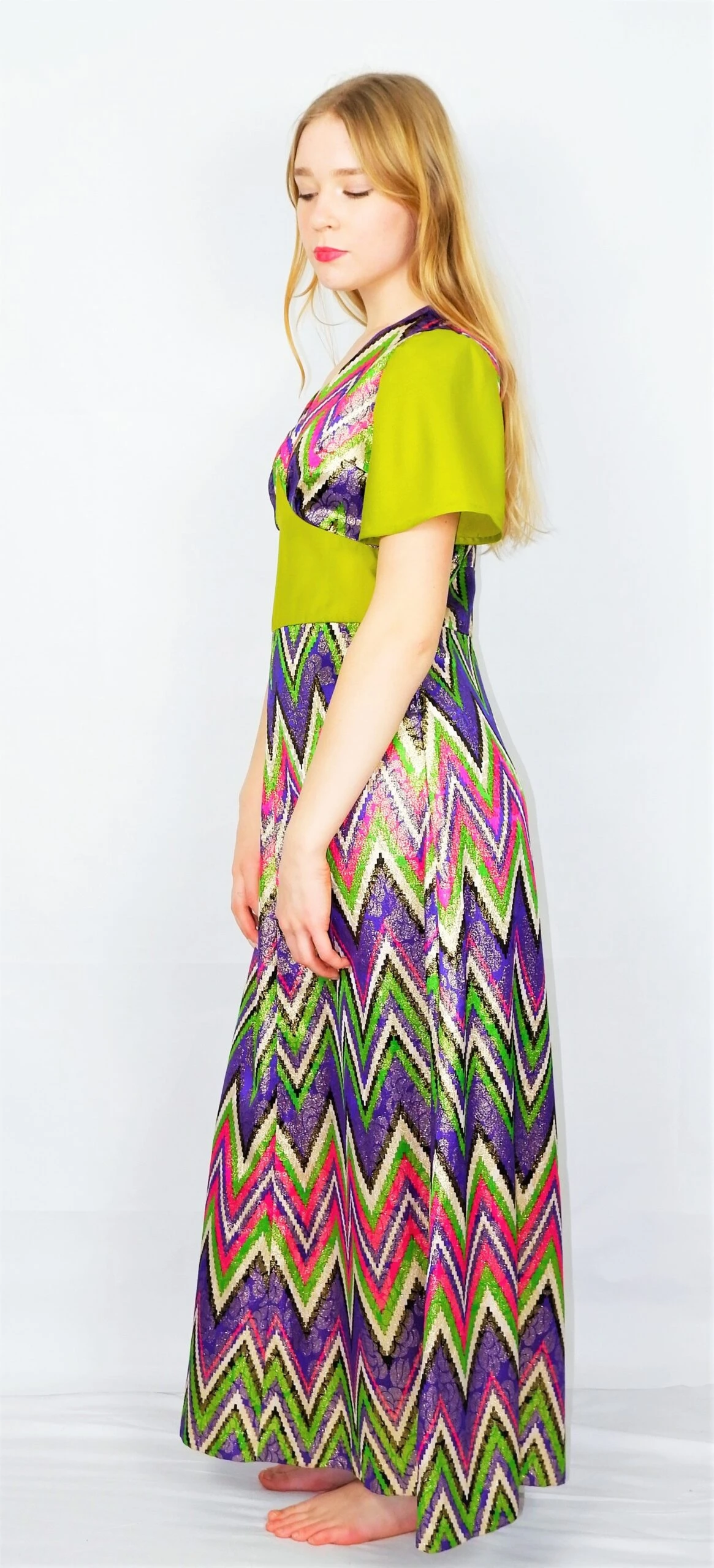 70's Vintage Party Dress - Chartreuse, Pink & Purple Sparkle - Size XS 2 70's Vintage Party Dress - Chartreuse, Pink & Purple Sparkle - Size XS - Image 2