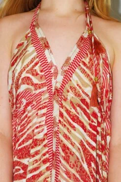 Medusa Halter Dress - Vintage Indian Sari - Sweet Red, Hazel Wood & Cream Abstract Floral - M/L -KIKIS Clothing Shop DSCF7651 2