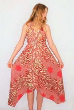 Medusa Halter Dress - Vintage Indian Sari - Sweet Red, Hazel Wood & Cream Abstract Floral - M/L