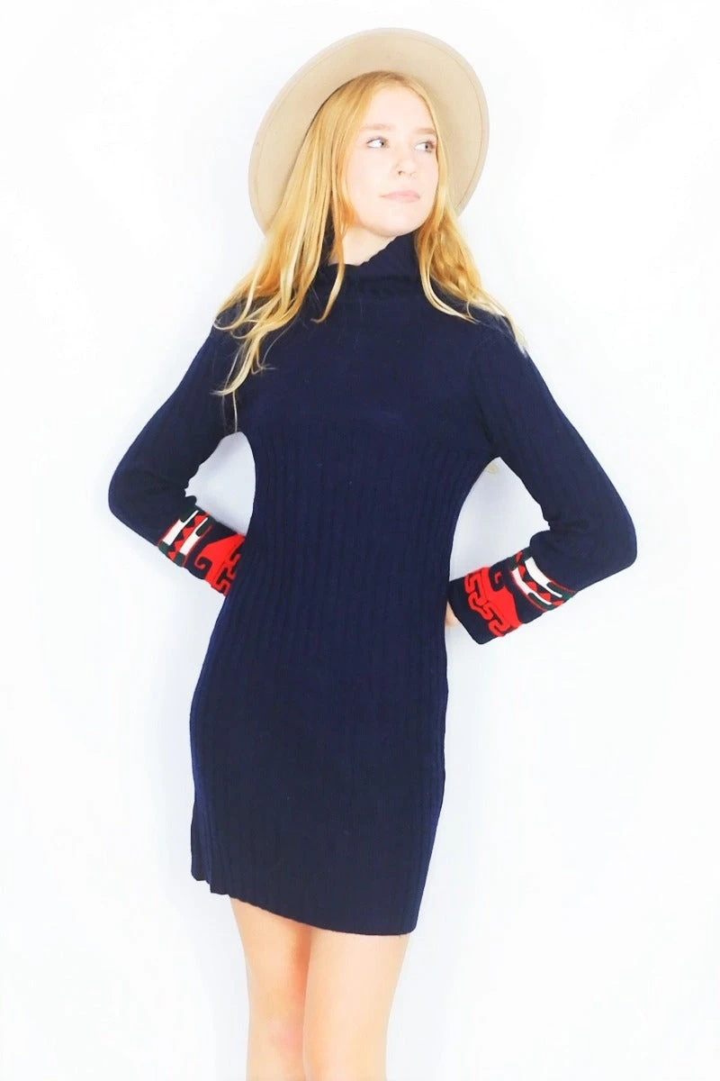 Vintage 1970s Knitted Mini Dress - Navy With Aztec Cuffs - Size S/M 2 Vintage 1970s Knitted Mini Dress - Navy With Aztec Cuffs - Size S/M - Image 2