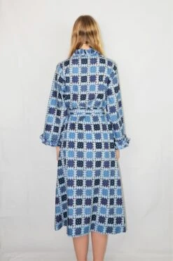 1970s Vintage Housecoat/Dress - Navy, Sky Blue & Burnt Orange Weave Frill - Size L/XL -KIKIS Clothing Shop DSCF8043